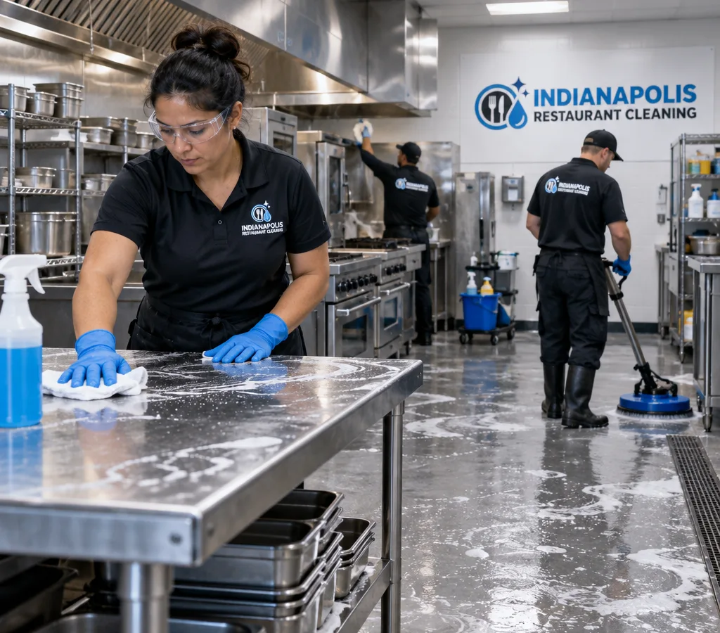 Commercial restaurant kitchen in Indianapolis being degreased after hours by a crew wearing protective equipment
