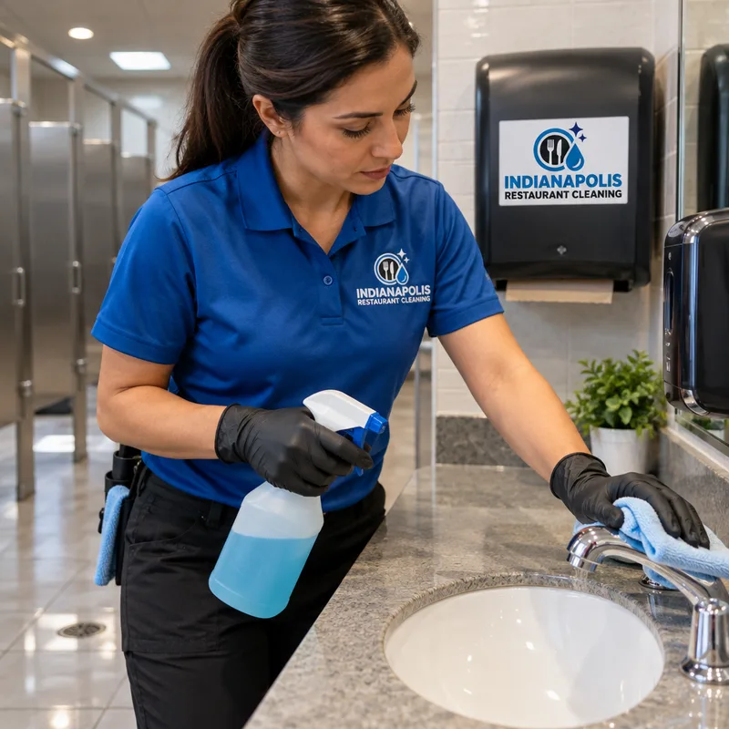 Sanitized restaurant restroom fixtures, dispensers, partitions and floor
