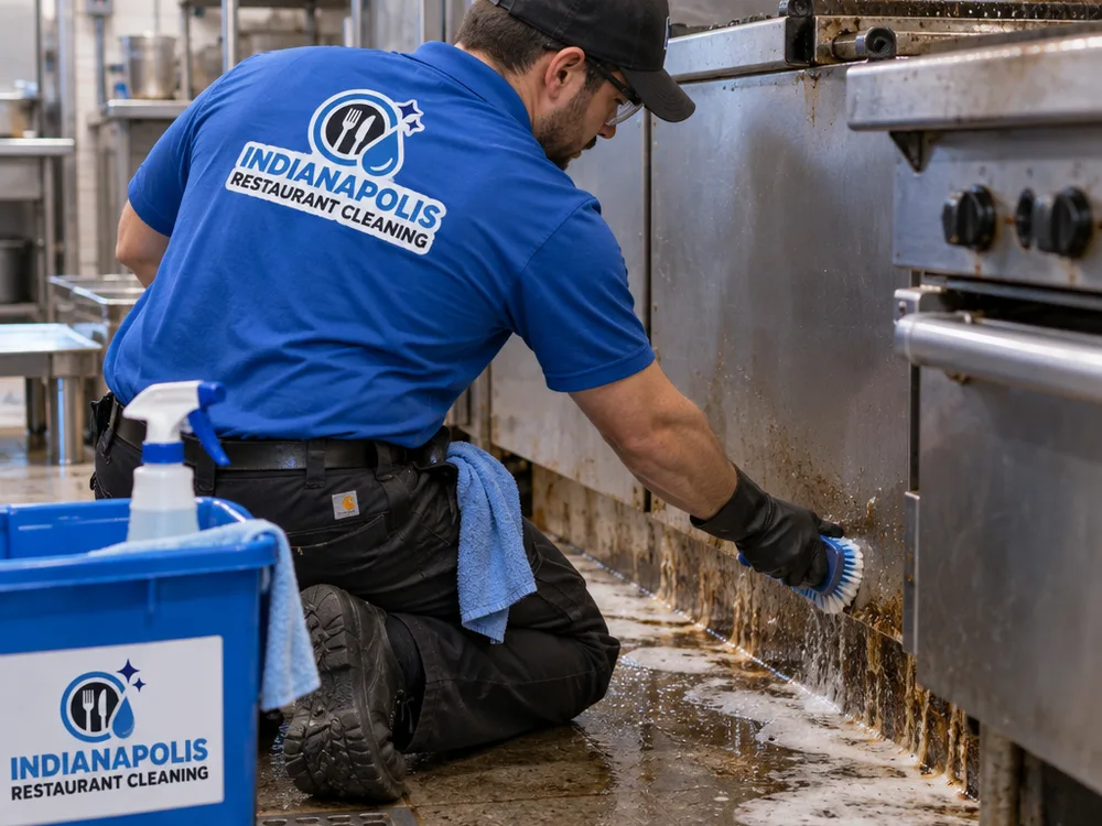 Technician cleaning grease buildup behind commercial kitchen equipment