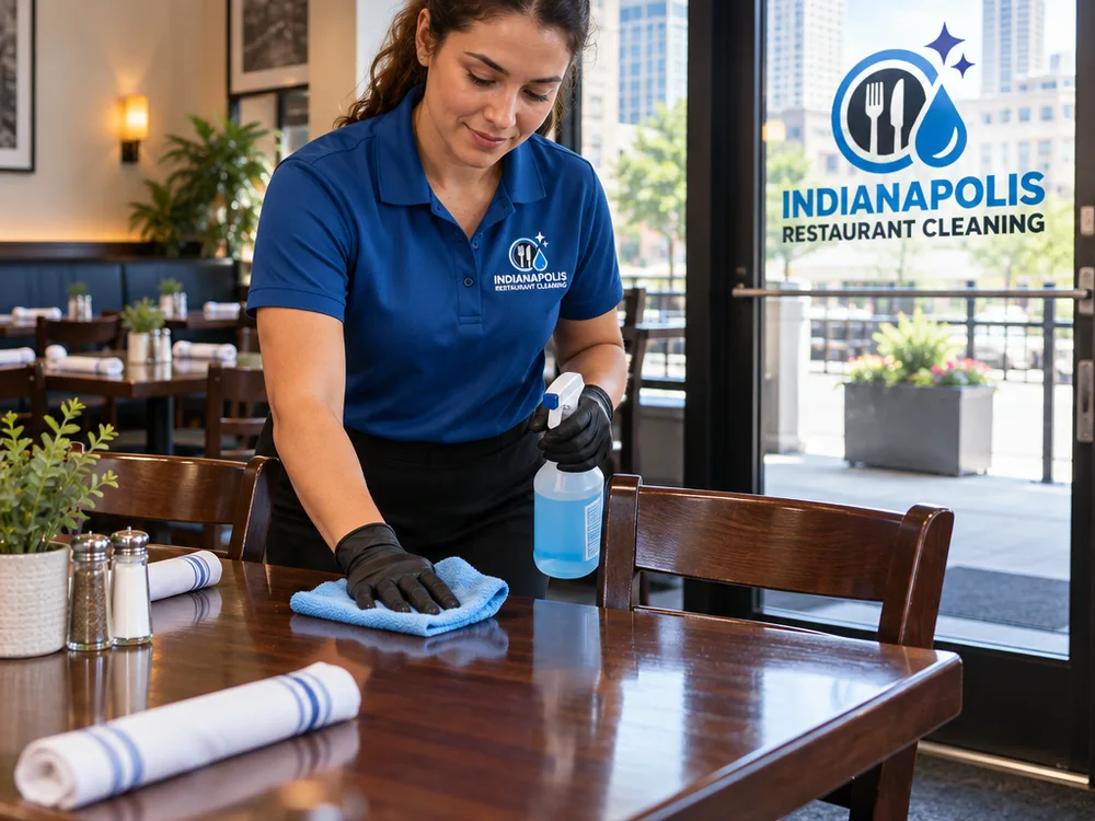 Clean restaurant dining room prepared for service with polished entry glass
