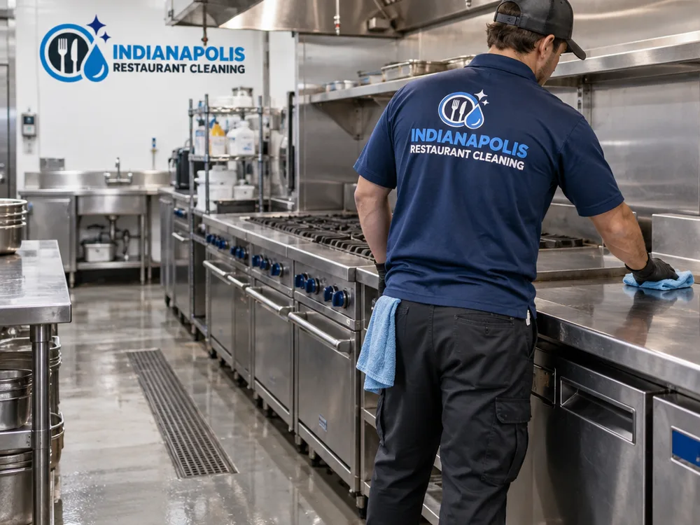 Cleaned commercial cook line with scrubbed floors and stainless equipment reset
