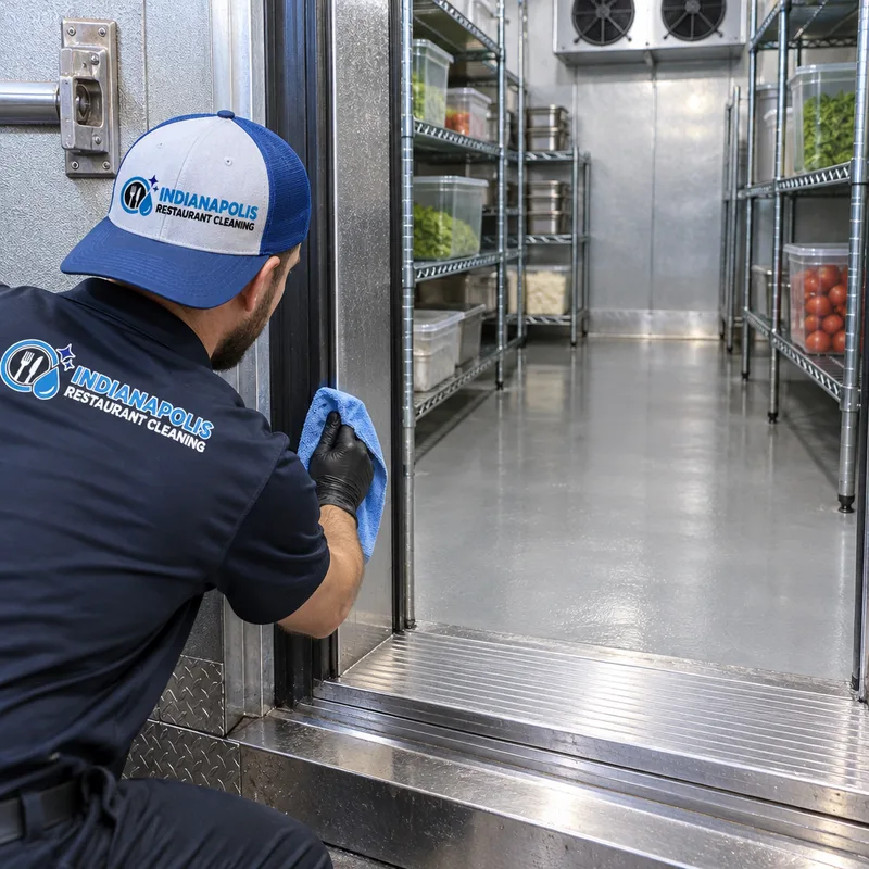 Cleaned walk-in cooler entrance with a scrubbed threshold, clean floor, wiped door gasket, and shelving staged for restocking