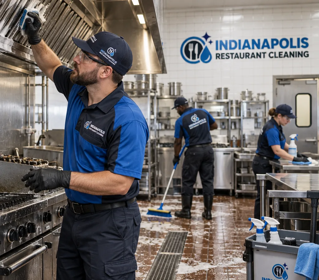 Professional crew in protective equipment deep-cleaning a commercial restaurant kitchen with stainless hood area, tile walls, floor drains, and labeled food-safe tools