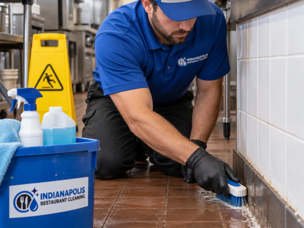 Technician hand-scrubbing greasy grout and cove base along a commercial kitchen wall with a wet floor sign and food-safe cleaning supplies nearby