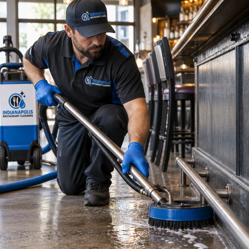 Technician deep-cleaning a commercial restaurant floor along baseboards and under a bar overhang