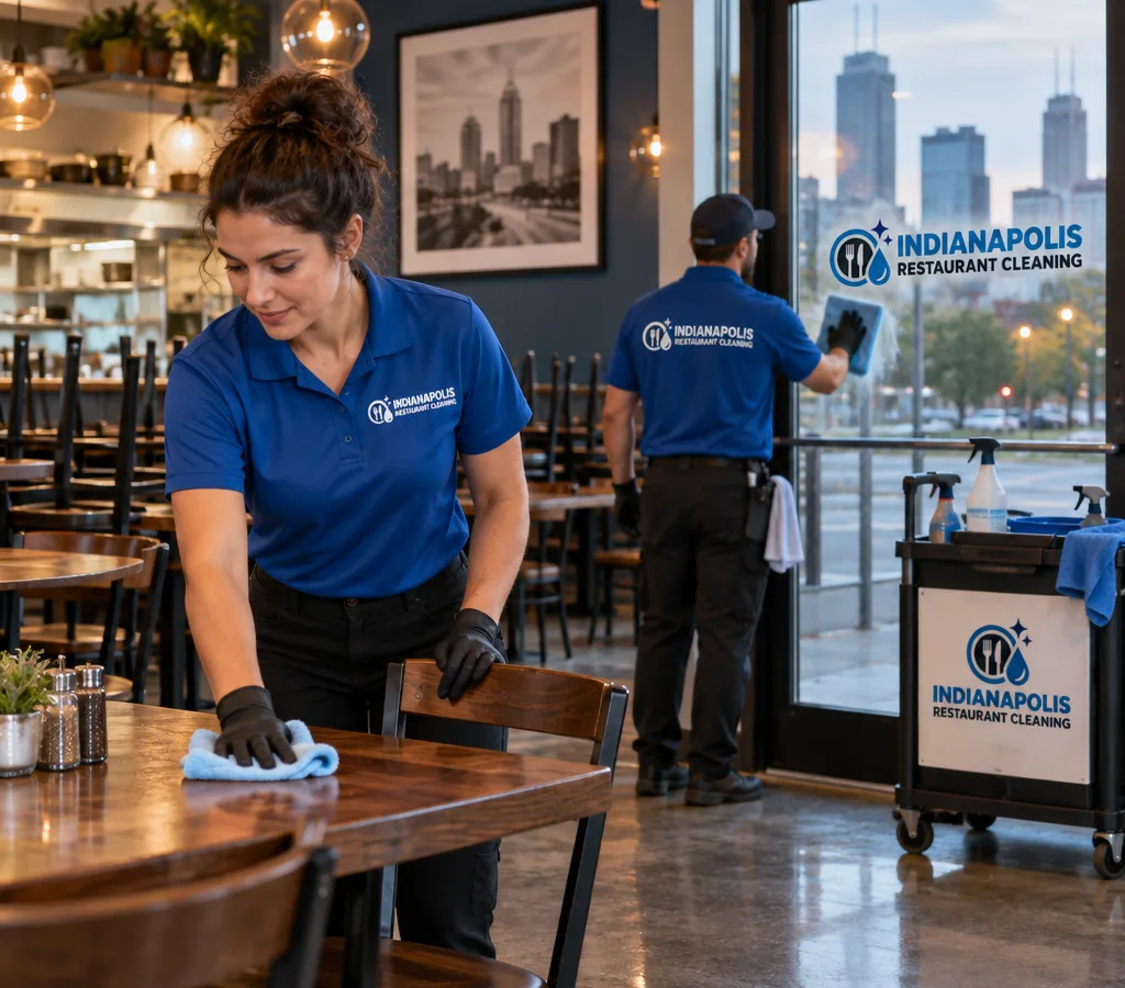 Professional cleaner detailing a restaurant dining room after closing
