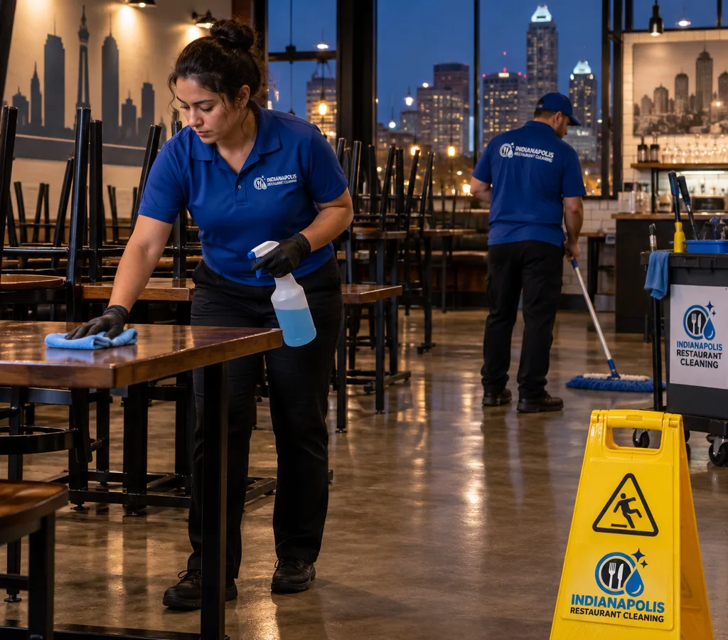 After-hours cleaning crew resetting a closed Indianapolis restaurant dining room