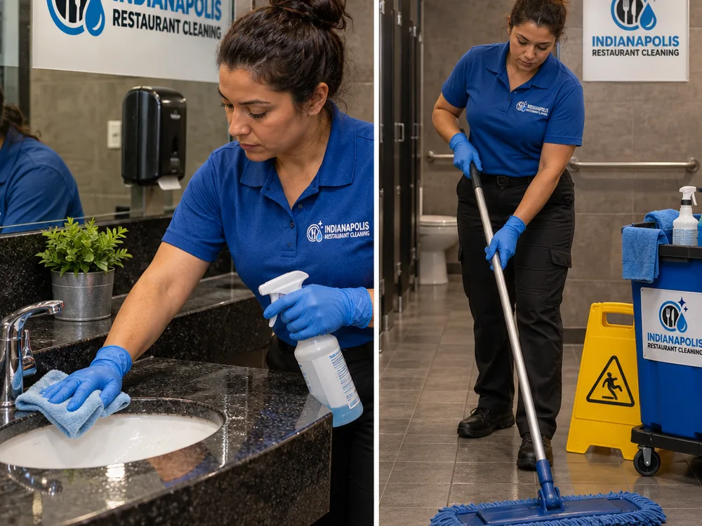 Technician cleaning and disinfecting a restaurant restroom at night