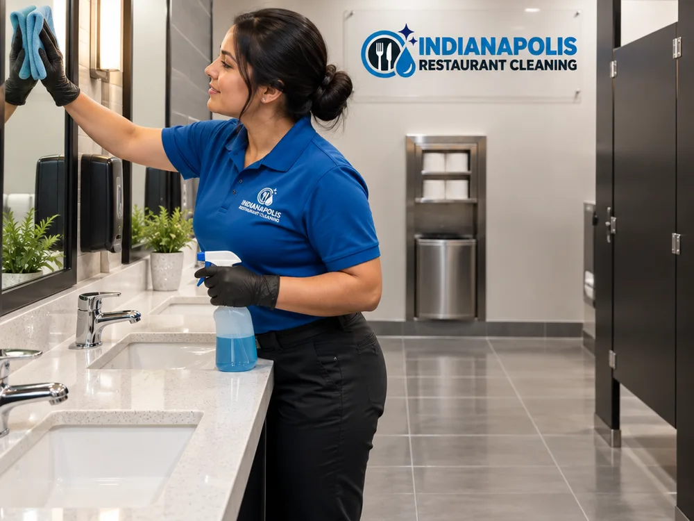 Restaurant restroom fully cleaned, stocked, polished, and ready for guests