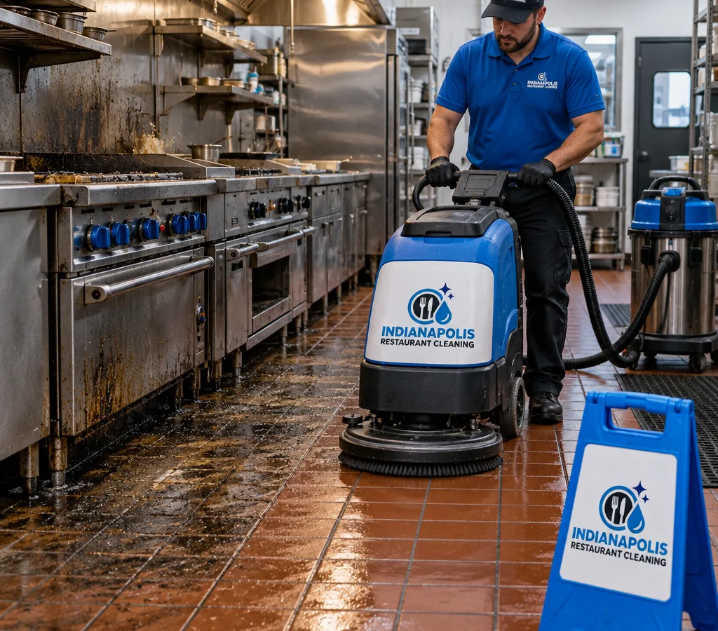 Technician cleaning greasy commercial kitchen quarry tile with a floor scrubber and wet vacuum beside safety cones