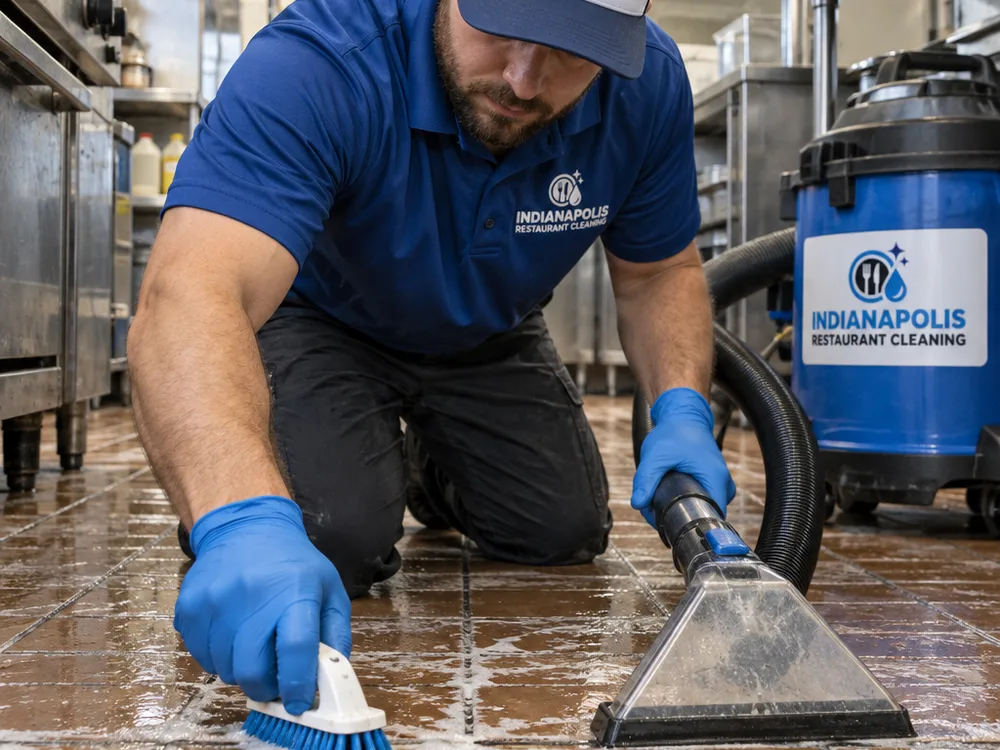 Scrub brush working degreaser into restaurant kitchen tile grout beside a wet vacuum recovery head