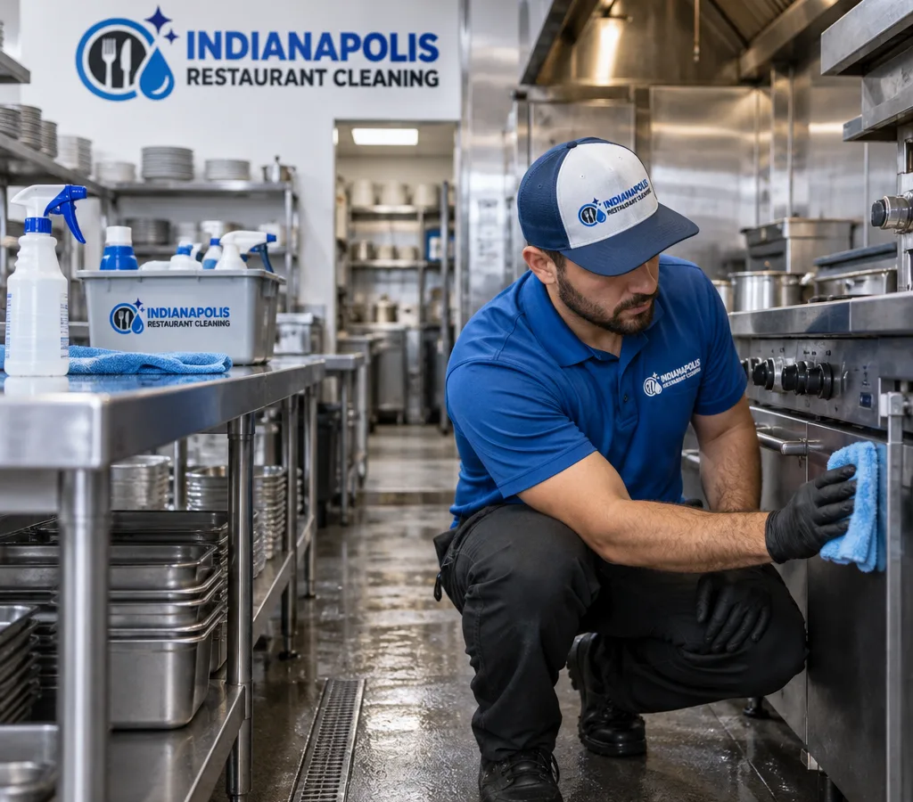 Professional cleaner detailing stainless prep tables, equipment fronts, and floor edges along a commercial kitchen line