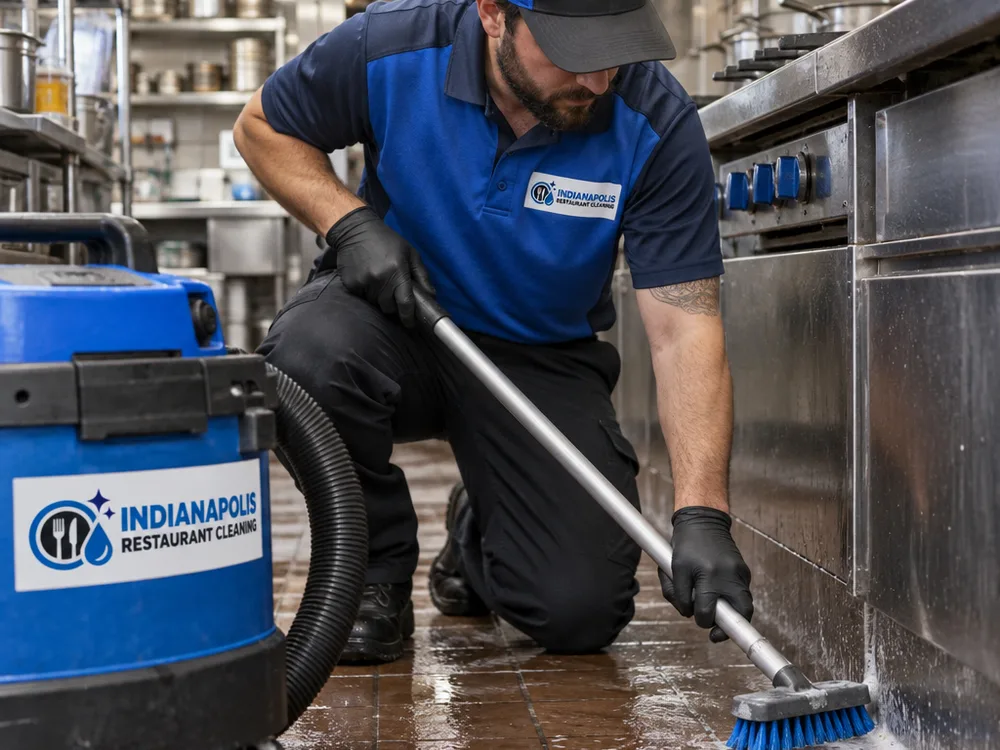 Cleaner scrubbing the floor-wall junction beside a commercial cook line with a deck brush and wet vacuum nearby