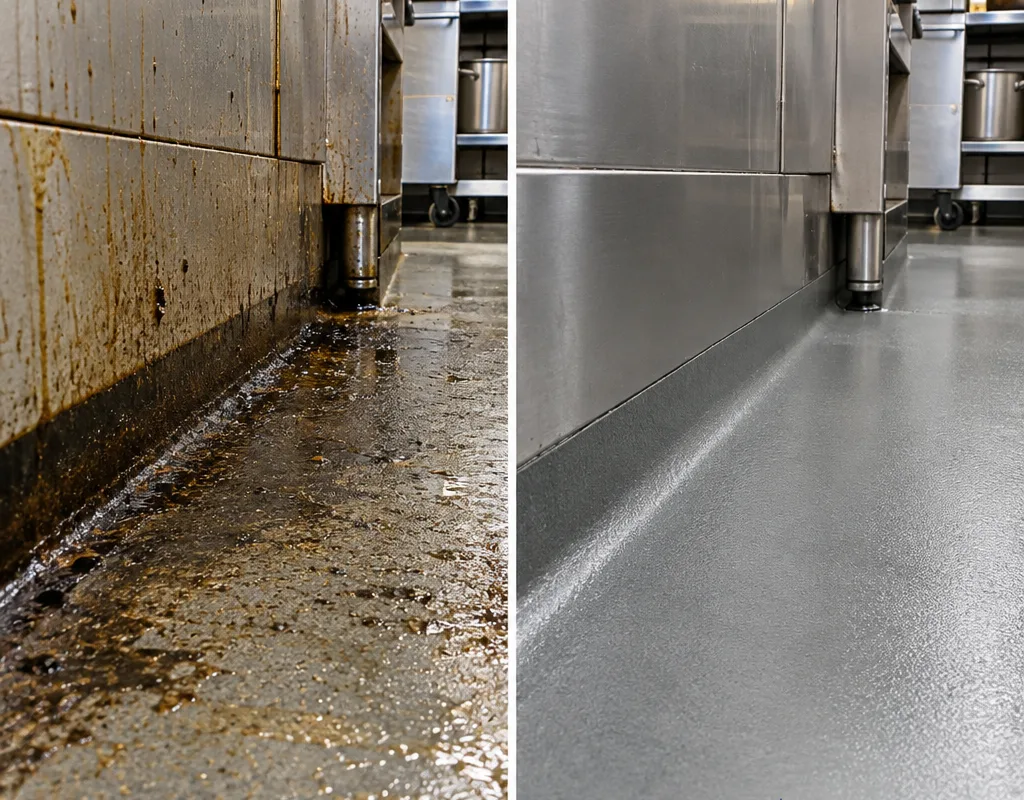 Before-and-after comparison of grease buildup removed from a commercial kitchen floor edge and wall base near the cook line