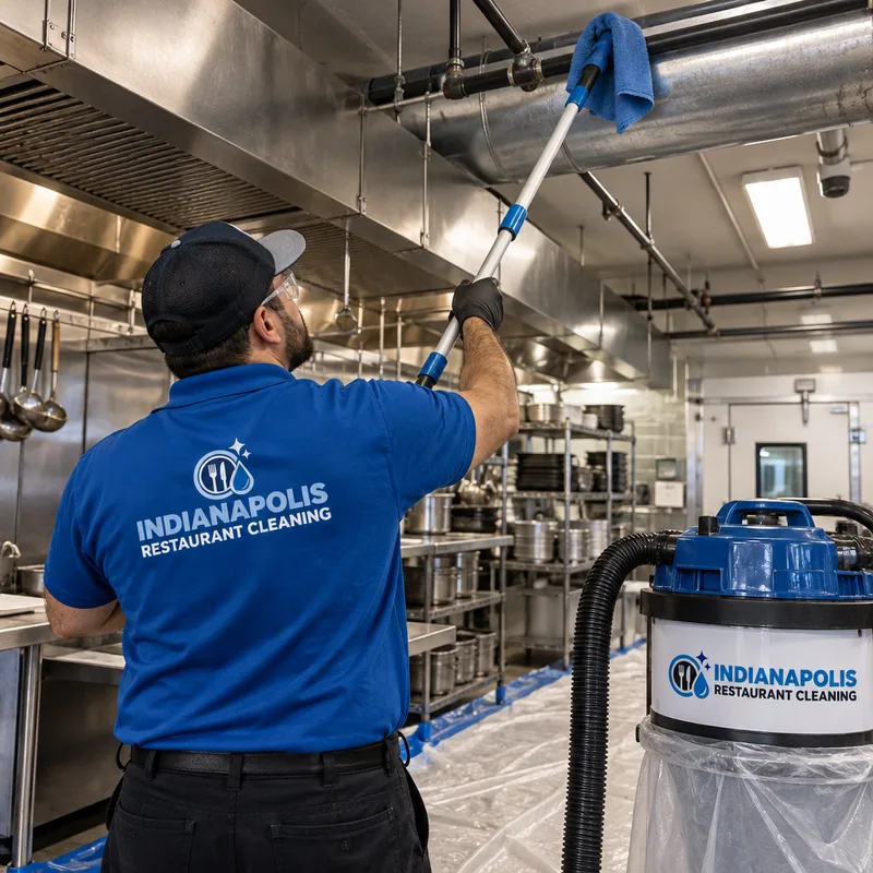 Technician performing high dusting on overhead piping in a commercial restaurant kitchen with protective floor covering in place