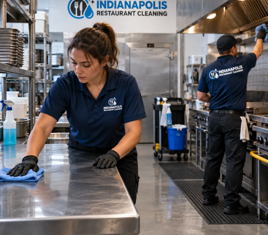 After-hours commercial kitchen cleaning in a Fishers-area restaurant with technicians detailing stainless prep tables and grease-prone cook-line areas