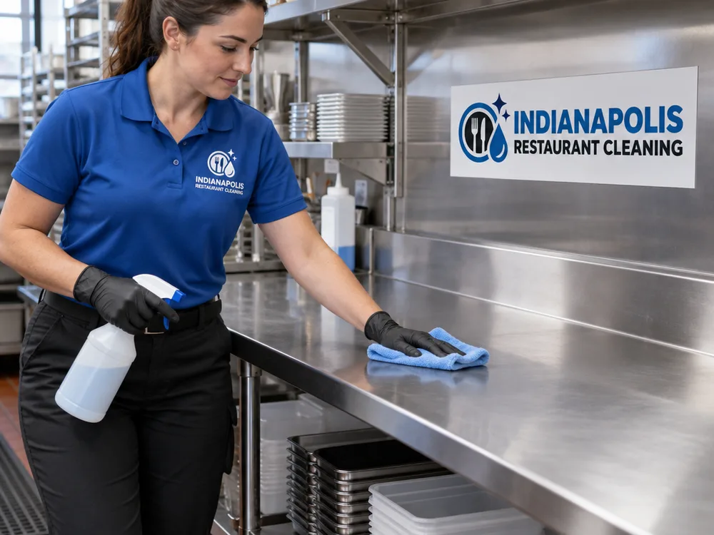 Clean stainless prep table and shelving with wiped handles, organized supplies, and residue-free corners after service