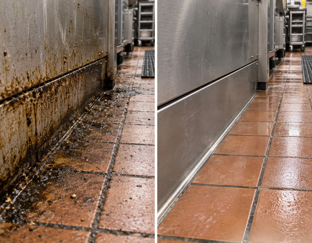 Commercial kitchen floor edge before and after degreasing near the cooking line