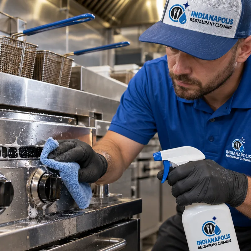 Technician detailing and degreasing a commercial fryer exterior, control knobs, and stainless splash area