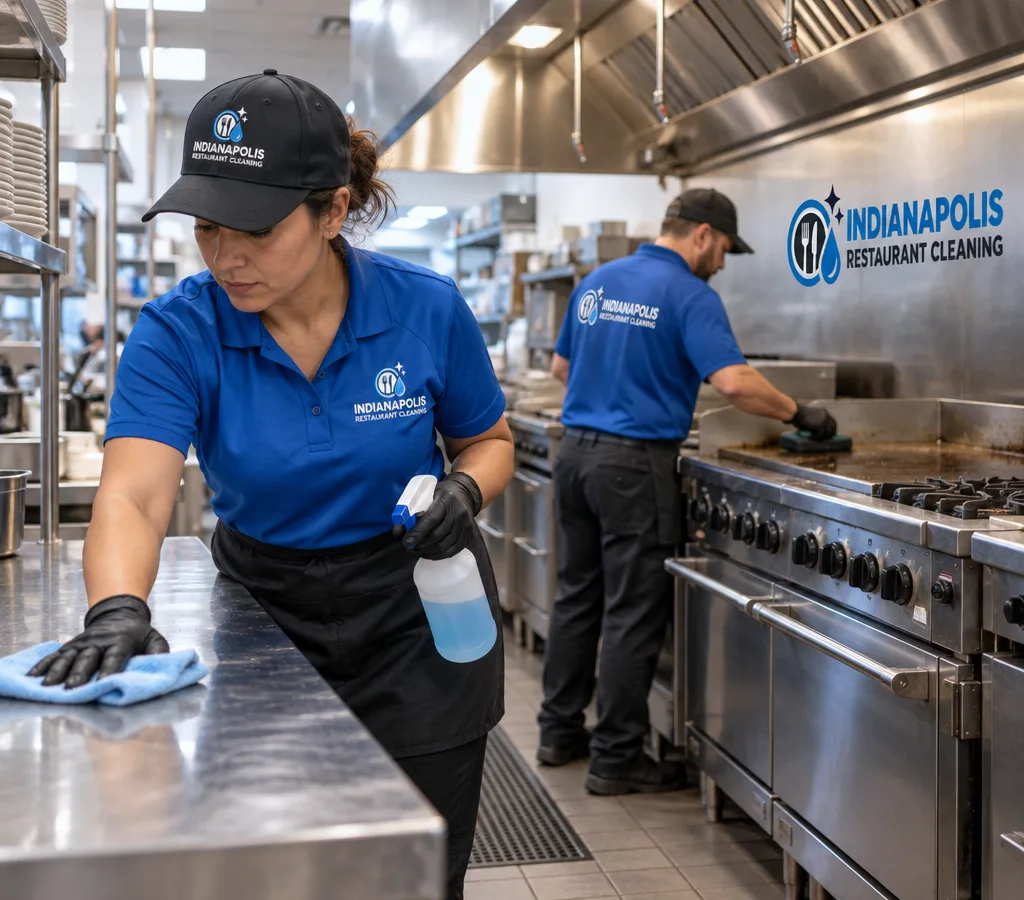 Professional cleaner wiping stainless prep tables and degreasing a commercial restaurant range line in Noblesville