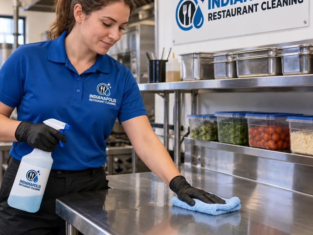 Clean stainless prep table and shelving with sanitized touchpoints and organized containers