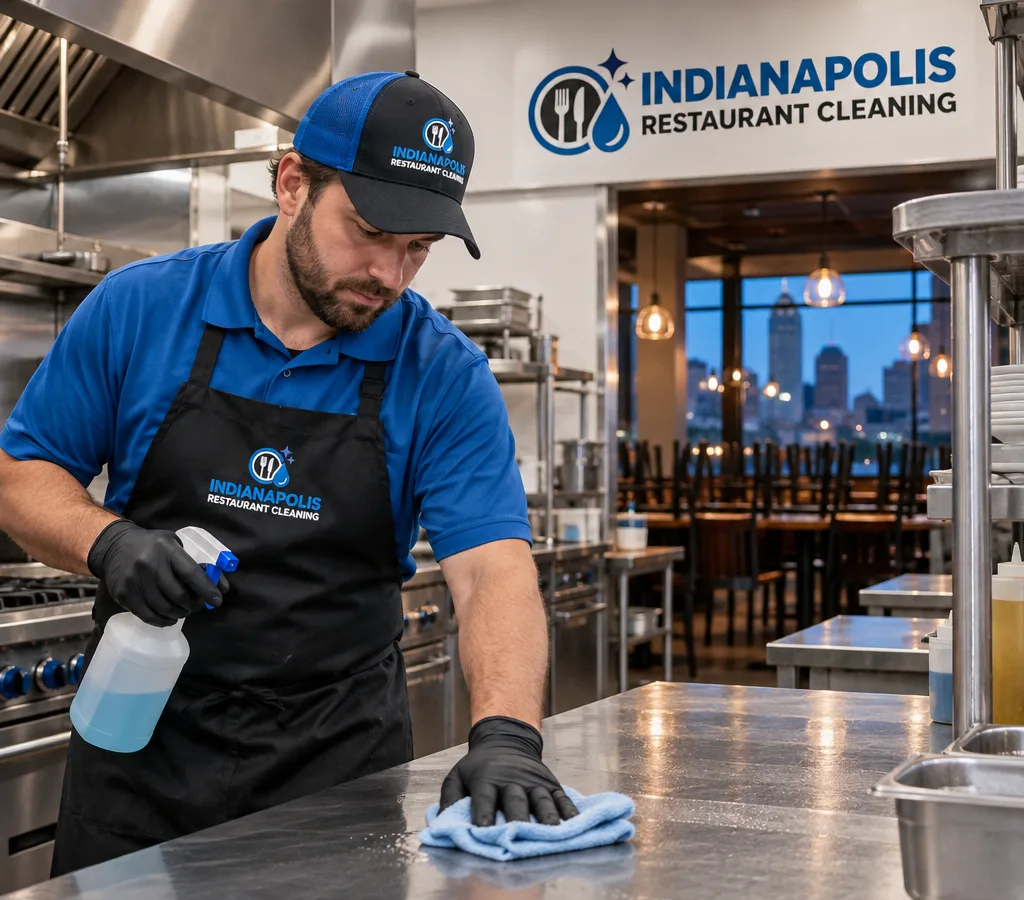 Technician sanitizing stainless prep tables after hours in a commercial restaurant kitchen with the dining area visible