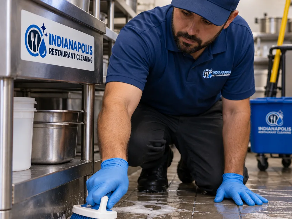 Cleaner scrubbing a commercial kitchen floor edge and grout line beside a stainless prep table