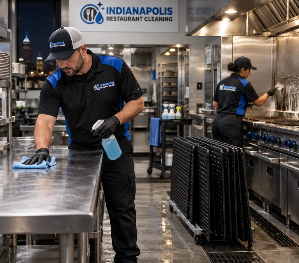 Technician cleaning stainless preparation tables and degreasing a commercial cook line after closing in Westfield