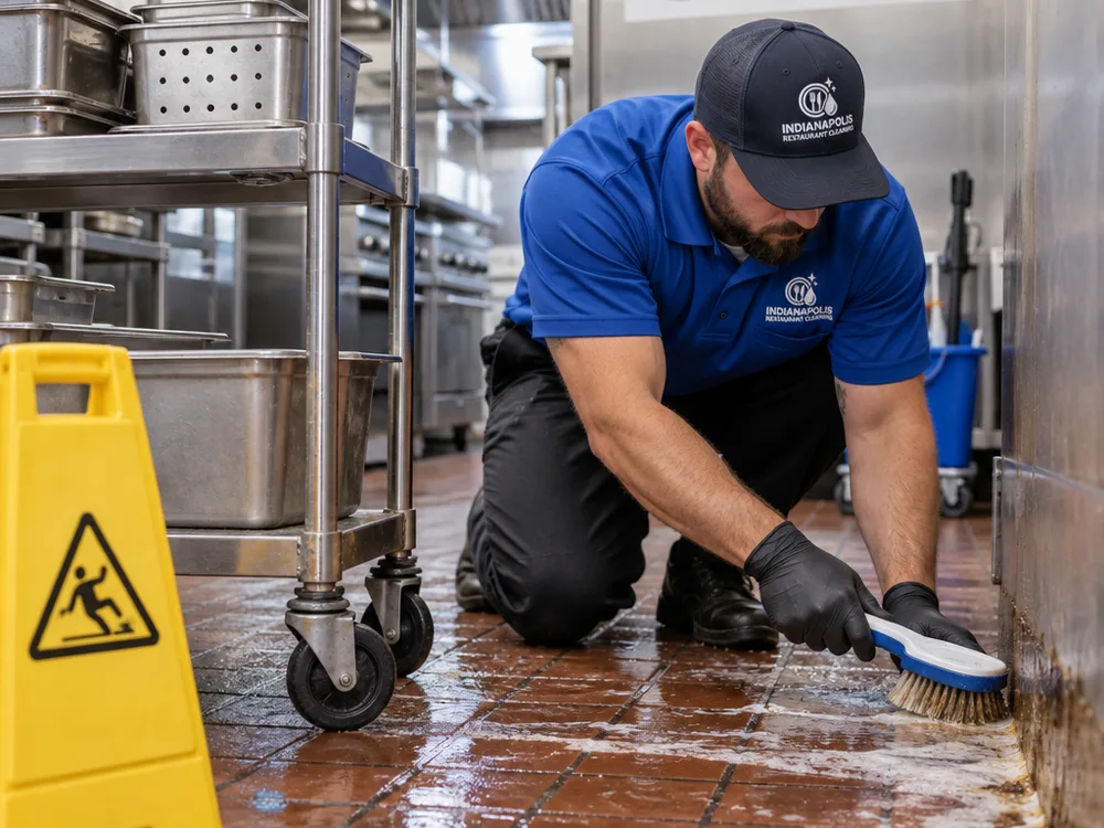 Technician scrubbing grease from commercial kitchen floor edges beneath a movable rack in Westfield