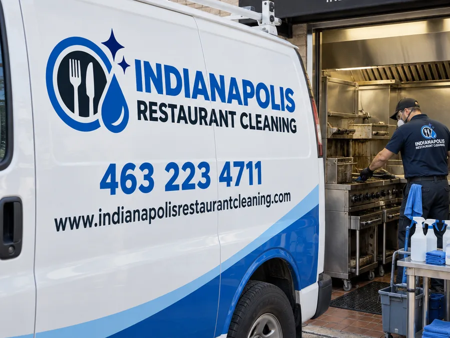 Cleaner in protective equipment detailing grease around a commercial range and fryer with labeled food-safe supplies