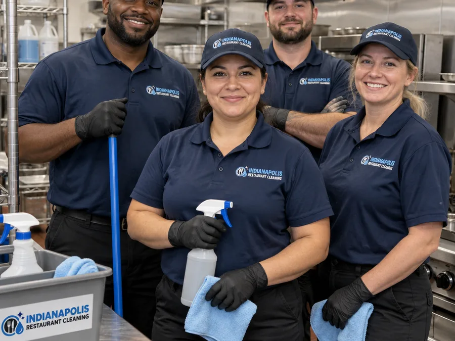 Uniformed Indianapolis restaurant cleaning technicians with organized commercial cleaning equipment