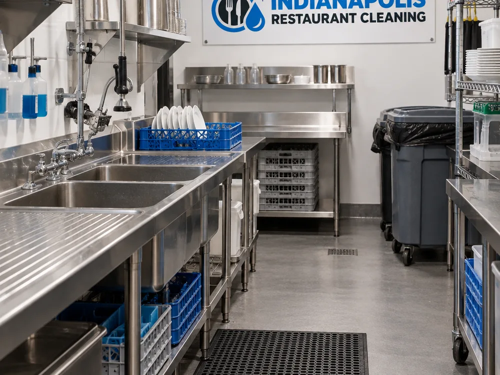 Clean and organized restaurant dish area with wiped sinks, dry floors, and a reset trash area ready for the next shift